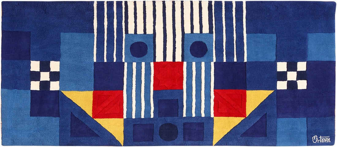 Vintage George Earl Ortman Art Rug - 4 ft x 9 ft (1.22 m x 2.74 m): Curated collection of antique, vintage and modern rugs Vintage George Earl Ortman Art Rug Size: 4 ft x 9 ft (1.22 m x 2.74 m) Geometry becomes theatrical in this vintage art rug by George Earl Ortman,