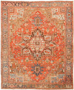 Antique Persian Heriz Serapi Rug - No Reserve 14 ft 9 in x 12 ft (4.5 m x 3.66 m): Curated collection of antique, vintage and modern rugs No Reserve - Antique Persian Heriz Serapi Rug Size: 14 ft 9 in x 12 ft (4.5 m x 3.66 m) Provenance: Inventory of the late Albert Karmely