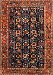 Small Antique Persian Heriz Rug - 6 ft 6 in x 4 ft 8 in (1.98 m x 1.42 m): Curated collection of antique, vintage and modern rugs Small Antique Persian Heriz Rug Size: 6 ft 6 in x 4 ft 8 in (1.98 m x 1.42 m) Packed with graphic charm and deeply saturated tones, this small-sc