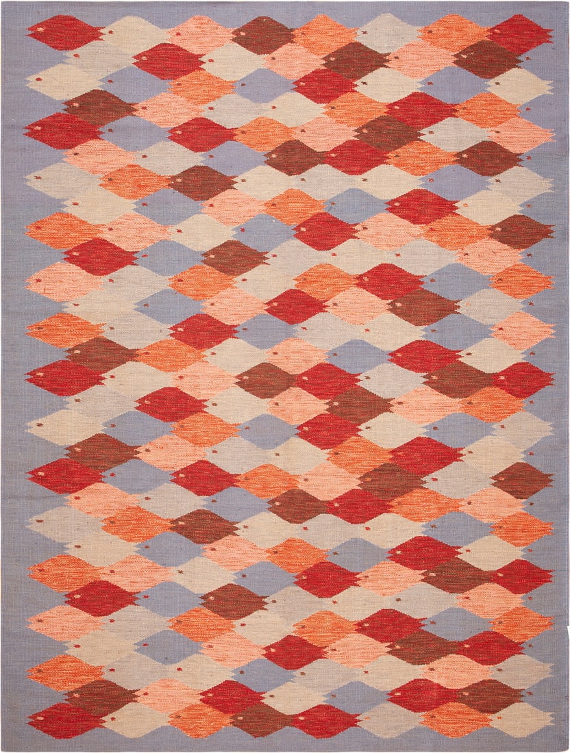 School Of Fish Design Swedish Style Kilim - 10 ft 4 in x 7 ft 9 in (3.15 m x 2.36 m): Curated collection of antique, vintage and modern rugs School Of Fish Design Swedish Style Kilim Size: 10 ft 4 in x 7 ft 9 in (3.15 m x 2.36 m) Playfully structured yet rhythmically fluid, this Swedis