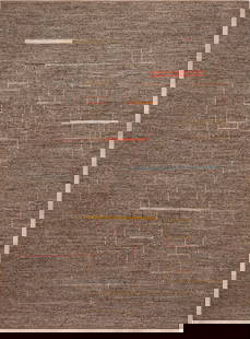 Modern Minimalist Rug - 11 ft 11 in x 8 ft 10 in (3.63 m x 2.69 m): Curated collection of antique, vintage and modern rugs Modern Minimalist Rug Size: 11 ft 11 in x 8 ft 10 in (3.63 m x 2.69 m) Subtle lines in saffron, ivory, crimson, and sky blue drift across a textu