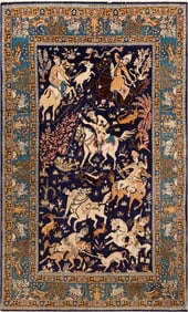 Vintage Persian Qum Hunting Scene Rug - No Reserve 7 ft 5 in x 4 ft 6 in (2.26 m x 1.37 m)