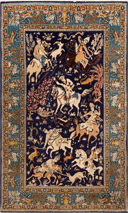 Vintage Persian Qum Hunting Scene Rug - No Reserve 7 ft 5 in x 4 ft 6 in (2.26 m x 1.37 m): Curated collection of antique, vintage and modern rugs No Reserve - Vintage Persian Qum Hunting Scene Rug Size: 7 ft 5 in x 4 ft 6 in (2.26 m x 1.37 m) Provenance: From the Los Angeles residence