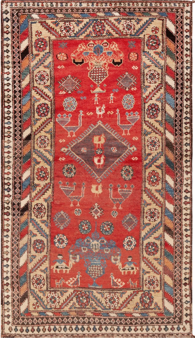 Whimsical Antique Caucasian Luri Rug 5 ft 10 in x 3 ft 5 in (1.78 m x 1.04 m): Curated collection of antique, vintage and modern rugs Whimsical Antique Caucasian Luri Rug Size: 5 ft 10 in x 3 ft 5 in (1.78 m x 1.04 m) Provenance: Inventory of a California collector An