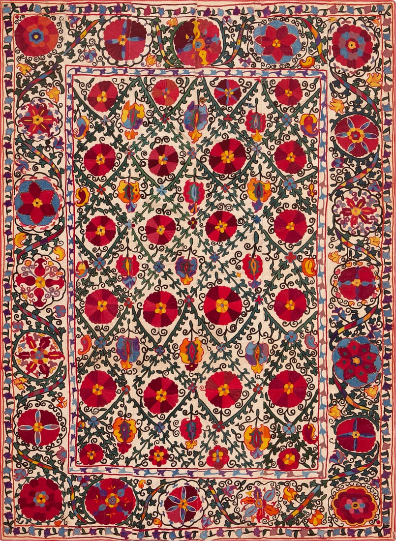 Antique Uzbek Embroidery Suzani Textile 6 ft 8 in x 5 ft (2.03 m x 1.52 m): Curated collection of antique, vintage and modern rugs Antique Uzbek Embroidery Suzani Textile Size: 6 ft 8 in x 5 ft (2.03 m x 1.52 m) Provenance: Property of a NYC dealer An antique Uzbek