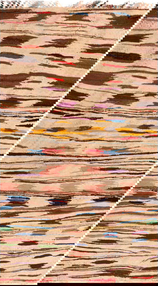 Tribal Vintage Moroccan Kilim Rug 7 ft 9 in x 5 ft 2 in (2.36 m x 1.57 m): Curated collection of antique, vintage and modern rugs Tribal Vintage Moroccan Kilim Rug Size: 7 ft 9 in x 5 ft 2 in (2.36 m x 1.57 m) A vintage Moroccan Kilim masterpiece, originating from