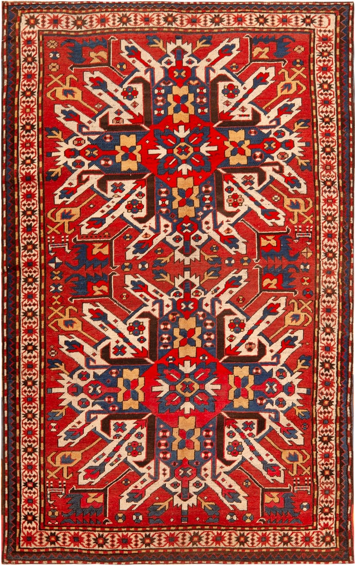 Antique Caucasian Eagle Kazak Rug 7 ft 6 in x 4 ft 7 in (2.28 m x 1.39 m): Curated collection of antique, vintage and modern rugs Antique Caucasian Eagle Kazak Rug Size: 7 ft 6 in x 4 ft 7 in (2.28 m x 1.39 m) Provenance: Property of a New York collector Radiant and