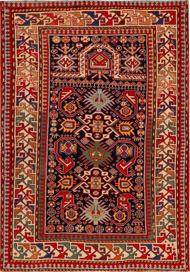 Rare Akstafa Caucasian Dragon Elements With The Prayer Desig 5 ft x 3 ft 6 in (1.52 m x 1.06 m): Curated collection of antique, vintage and modern rugs Rare Akstafa Caucasian Dragon Elements With The Prayer Desig Size: 5 ft x 3 ft 6 in (1.52 m x 1.06 m) Provenance: Property of a New York