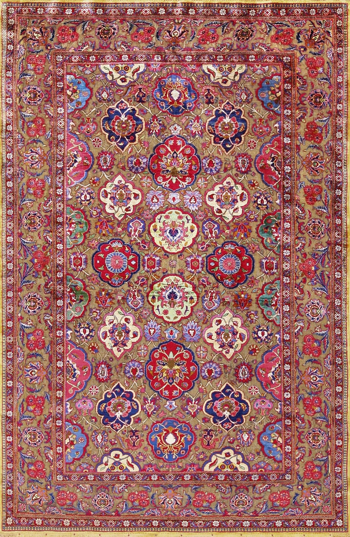 Fine Antique Silk and Metallic Thread Persian Souf Kashan Rug 6 ft 6 in x 4 ft 3 in (1.98 m x 1.3 m): Curated collection of antique, vintage and modern rugs Fine Antique Silk and Metallic Thread Persian Souf Kashan Rug Size: 6 ft 6 in x 4 ft 3 in (1.98 m x 1.3 m) Provenance: Collection of late
