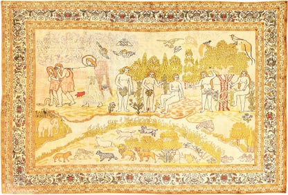 Fine Adam and Eve Scene Turkish Pictorial Antique Silk Hereke Rug 5 ft x 7 ft (1.52 m x 2.13 m)
