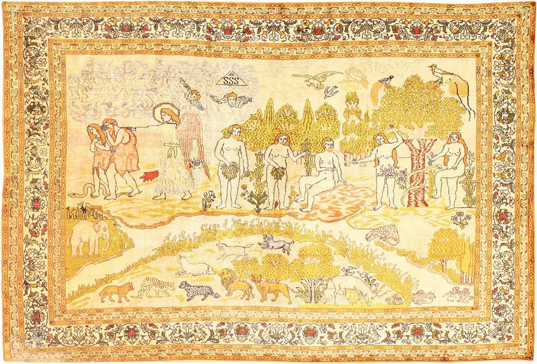 Fine Adam and Eve Scene Turkish Pictorial Antique Silk Hereke Rug 5 ft x 7 ft (1.52 m x 2.13 m): Curated collection of antique, vintage and modern rugs Fine Adam and Eve Scene Turkish Pictorial Antique Silk Hereke Rug Size: 5 ft x 7 ft (1.52 m x 2.13 m) Provenance: Collection of late Donald Gant