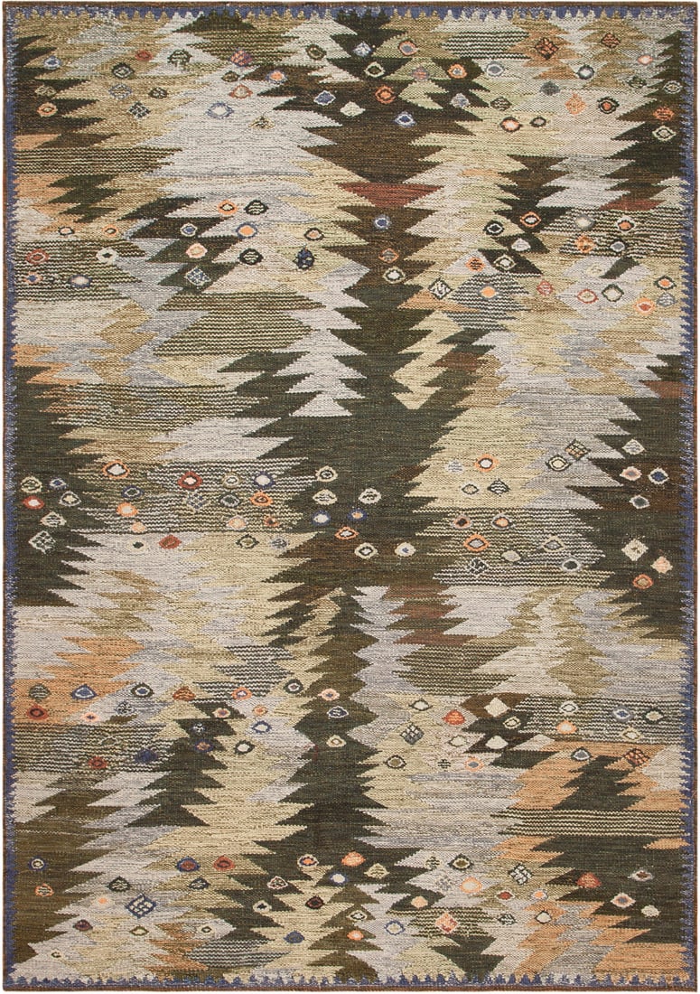 Scandinavian Mid-Century Modern Kilim Rug 9 ft x 6 ft 3 in (2.74 m x 1.9 m): Curated collection of antique, vintage and modern rugs Scandinavian Mid-Century Modern Kilim Rug Size: 9 ft x 6 ft 3 in (2.74 m x 1.9 m) Originating from Central Asia, a modern Swedish-style kilim rug
