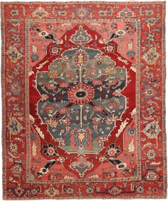 Antique Persian Green Medallion Serapi Rug 10 ft 7 in x 8 ft 8 in (3.23 m x 2.64 m)