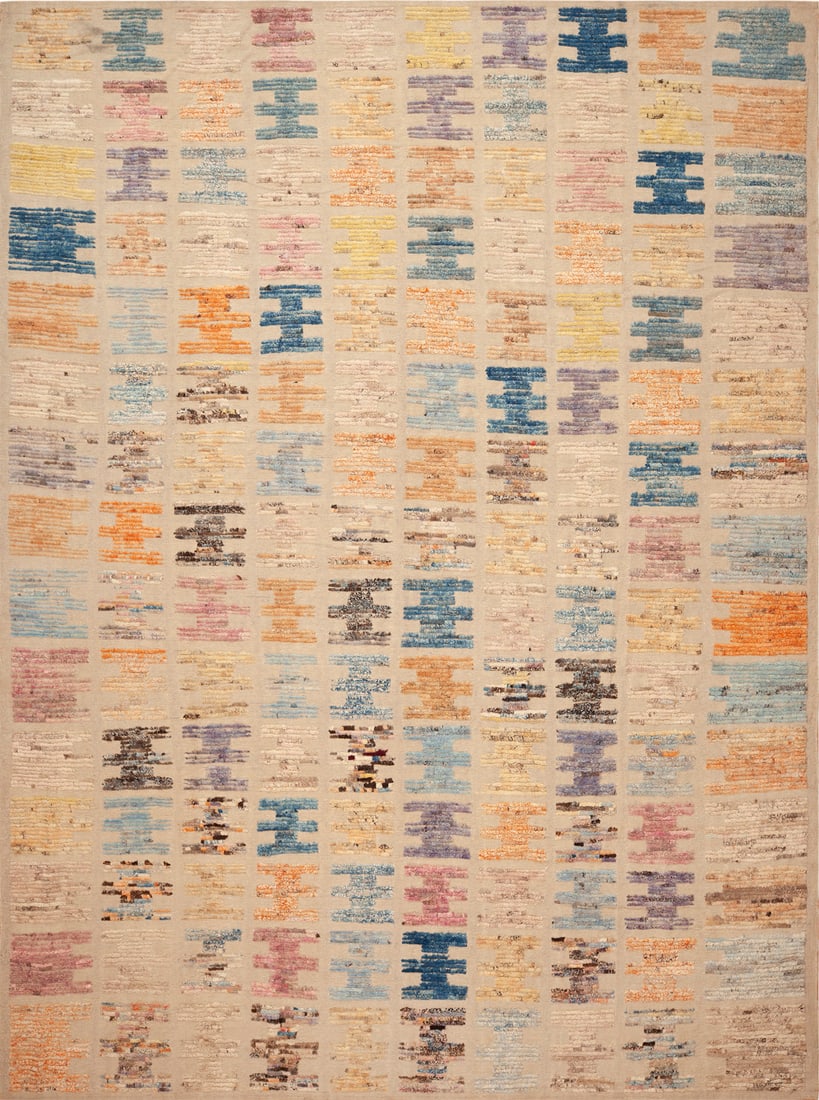 Modern Geometric Rug 13 ft 7 in x 10 ft 3 in (4.14 m x 3.12 m): Curated collection of antique, vintage and modern rugs Modern Geometric Rug Size: 13 ft 7 in x 10 ft 3 in (4.14 m x 3.12 m) Originating from Central Asia, the Modern Color Code Rug is a contemporary h