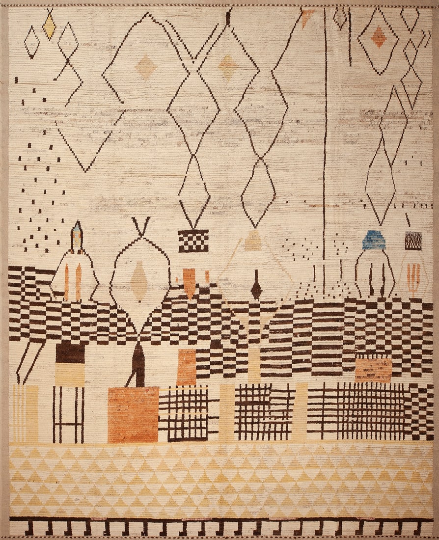 Large Contemporary Modern Rug 15 ft 5 in x 12 ft 5 in (4.7 m x 3.78 m): Curated collection of antique, vintage and modern rugs Large Contemporary Modern Rug Size: 15 ft 5 in x 12 ft 5 in (4.7 m x 3.78 m) Originating from Central Asia, the "Threaded Township" rug, crafted