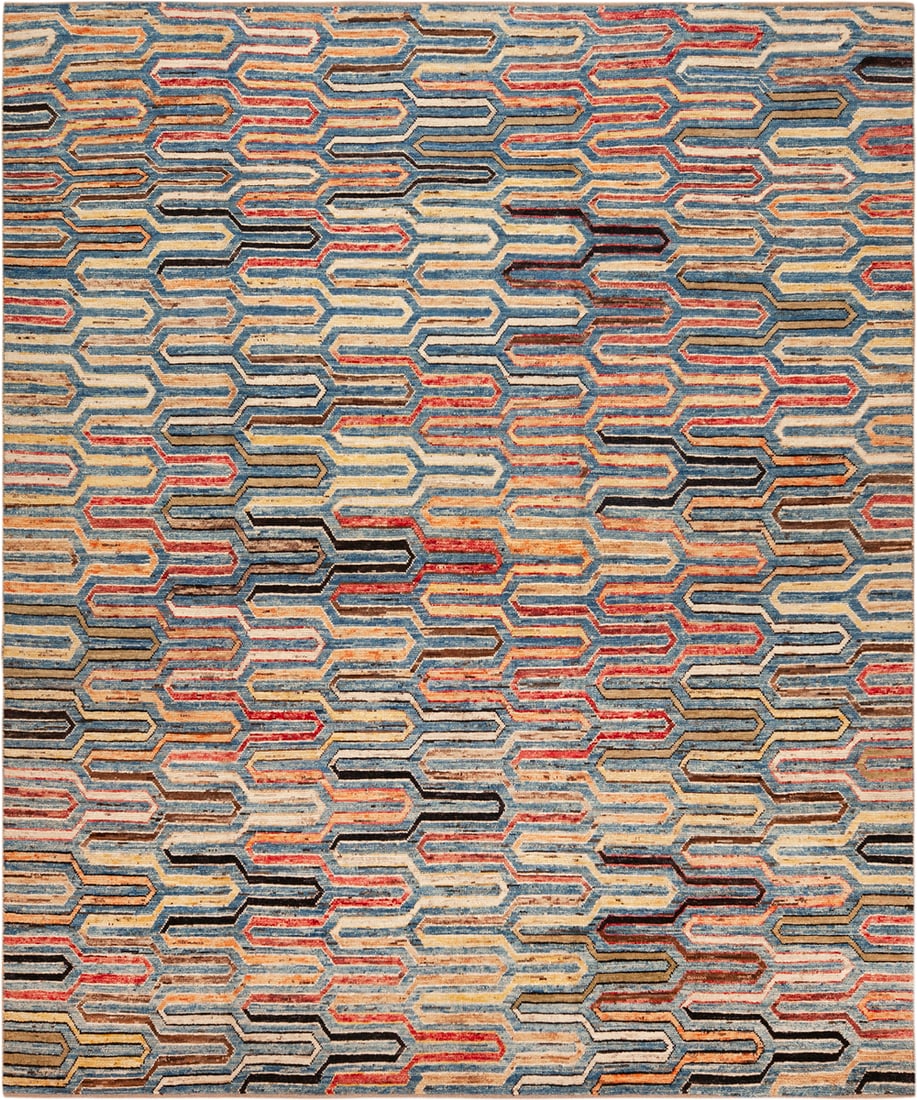Modern Interlock Pattern Rug 11 ft 6 in x 9 ft 6 in (3.51 m x 2.9 m): Curated collection of antique, vintage and modern rugs Modern Interlock Pattern Rug Size: 11 ft 6 in x 9 ft 6 in (3.51 m x 2.9 m) Originating from Central Asia, the Modern Interlock Pattern Rug embodi