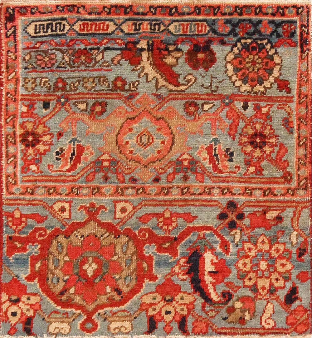 Antique Collectible Persian Heriz Wagireh Sampler Rug 2 ft 2 in x 2 ft (0.66 m x 0.61 m): Curated collection of antique, vintage and modern rugs Antique Collectible Persian Heriz Wagireh Sampler Rug Size: 2 ft 2 in x 2 ft (0.66 m x 0.61 m) A rare antique Persian Heriz Wagireh sampler rug f