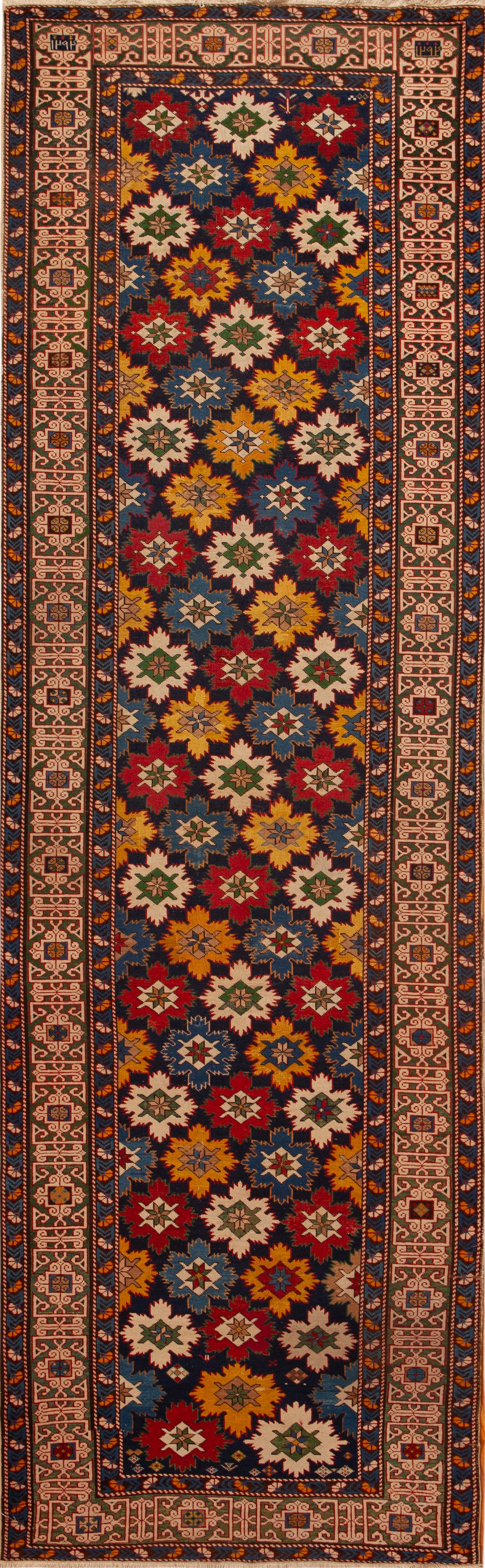 No Reserve - Antique Caucasian Kuba Runner Rug 13 ft x 3 ft 9 in (3.96 m x 1.14 m): Curated collection of antique, vintage and modern rugs No Reserve - Antique Caucasian Kuba Runner Rug Size: 13 ft x 3 ft 9 in (3.96 m x 1.14 m) Provenance: Property of New York estate An antique