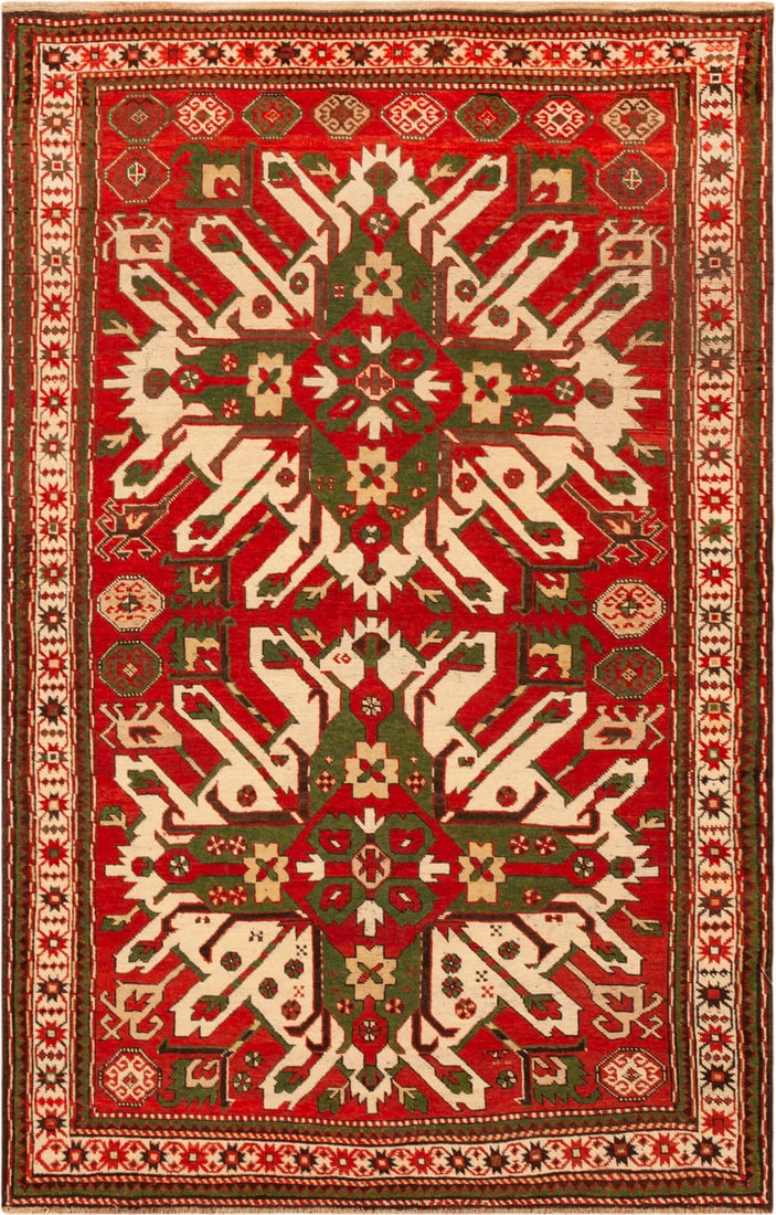Antique Caucasian Kazak Rug 7 ft 8 in x 4 ft 7 in (2.33 m x 1.39 m): Curated collection of antique, vintage and modern rugs Antique Caucasian Kazak Rug Size: 7 ft 8 in x 4 ft 7 in (2.33 m x 1.39 m) Provenance: Property of New York dealer An antique Caucasian Kaza
