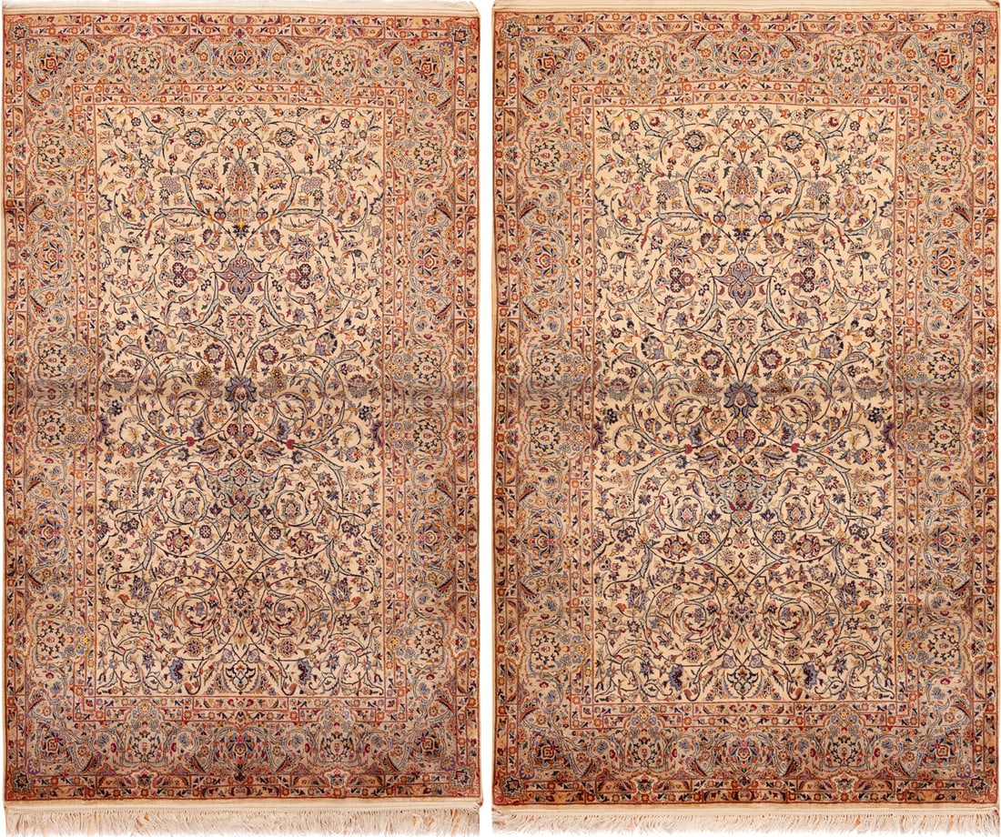No Reserve - Pair of Silk Antique Persian Kashan Rugs 7 ft 4 in x 4 ft 6 in (2.23 m x 1.37 m): Curated collection of antique, vintage and modern rugs No Reserve - Pair of Silk Antique Persian Kashan Rugs Size: 7 ft 4 in x 4 ft 6 in (2.23 m x 1.37 m) Provenance: Property of a prominent German co