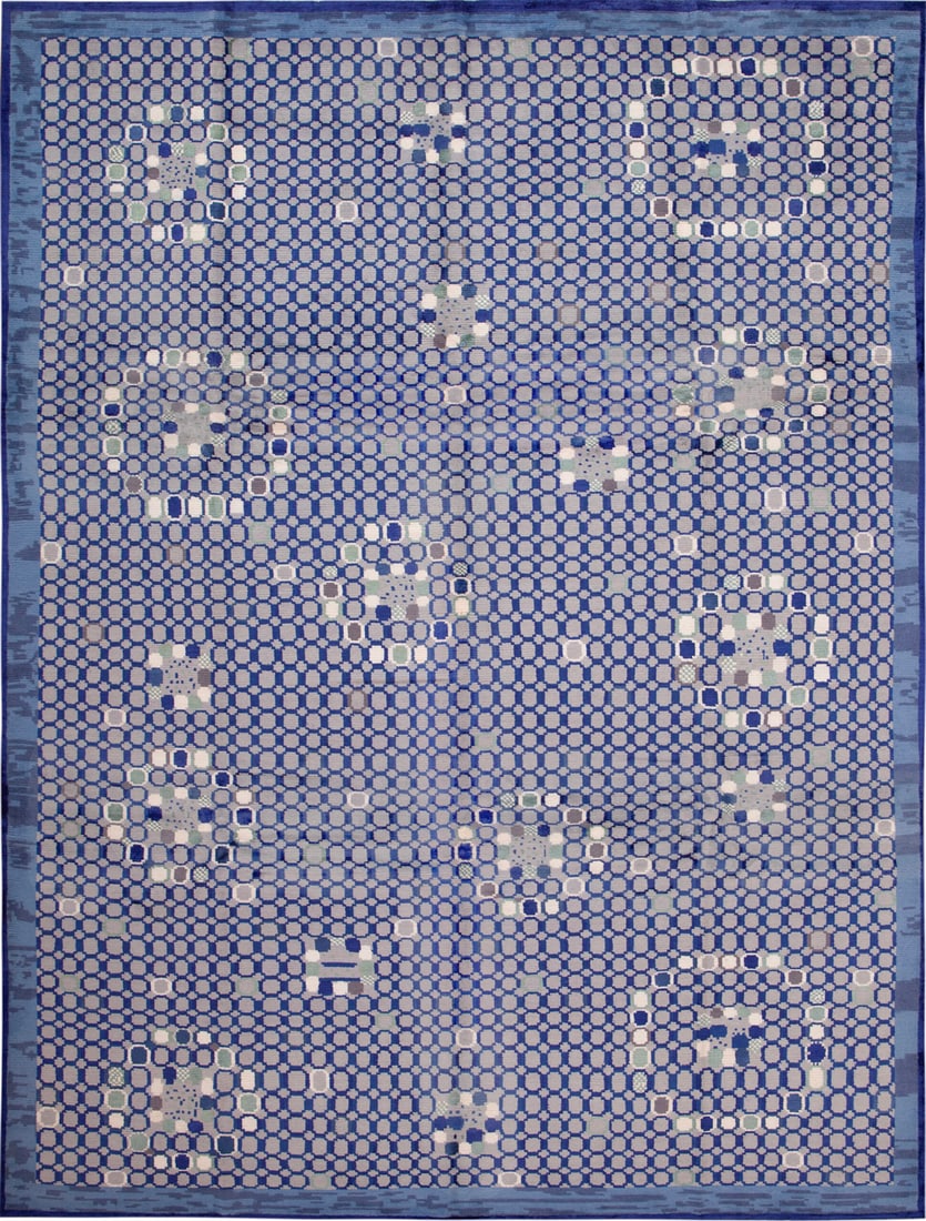 Mid Century Modern Swedish Style Rug 12 ft x 9 ft 1 in (3.66 m x 2.77 m): Curated collection of antique, vintage and modern rugs Mid Century Modern Swedish Style Rug Size: 12 ft x 9 ft 1 in (3.66 m x 2.77 m) A charming Mid Century Modern Swedish-style silk and wool kilim ru