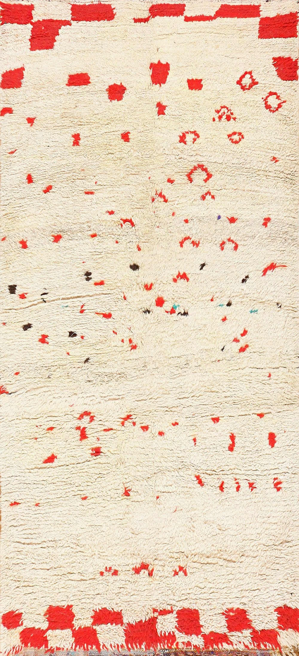 Mid Century Moroccan Rug 9 ft x 4 ft 7 in (2.74 m x 1.4 m): Curated collection of antique, vintage and modern rugs Mid Century Moroccan Rug Size: 9 ft x 4 ft 7 in (2.74 m x 1.4 m) A breathtaking and whimsical vintage mid-century Moroccan rug in ivory and red,