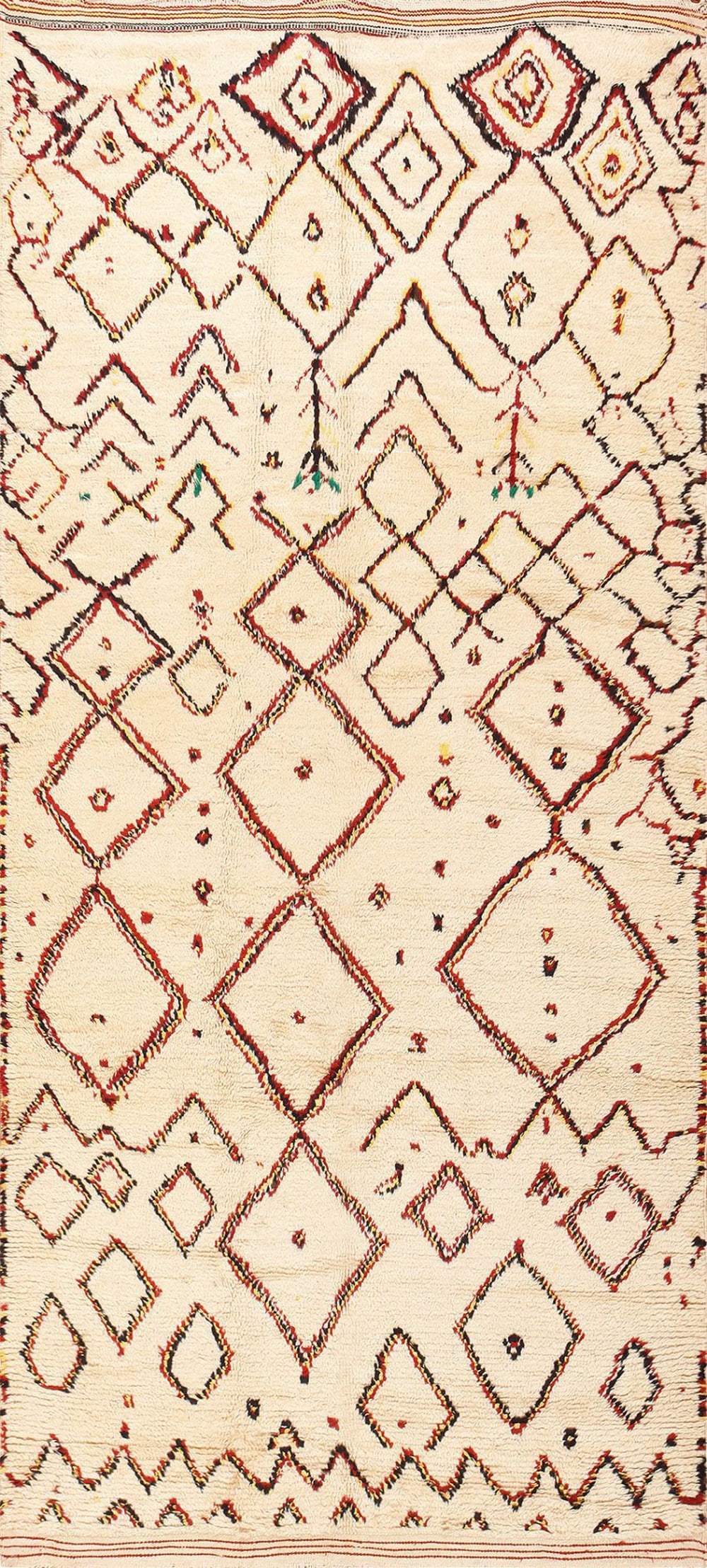 Vintage Beni Ourain Berber Moroccan Rug 10 ft 4 in x 4 ft 8 in (3.15 m x 1.42 m): Curated collection of antique, vintage and modern rugs Vintage Beni Ourain Berber Moroccan Rug Size: 10 ft 4 in x 4 ft 8 in (3.15 m x 1.42 m) A beautiful folk art vintage Beni Ourain Moroccan Berber r