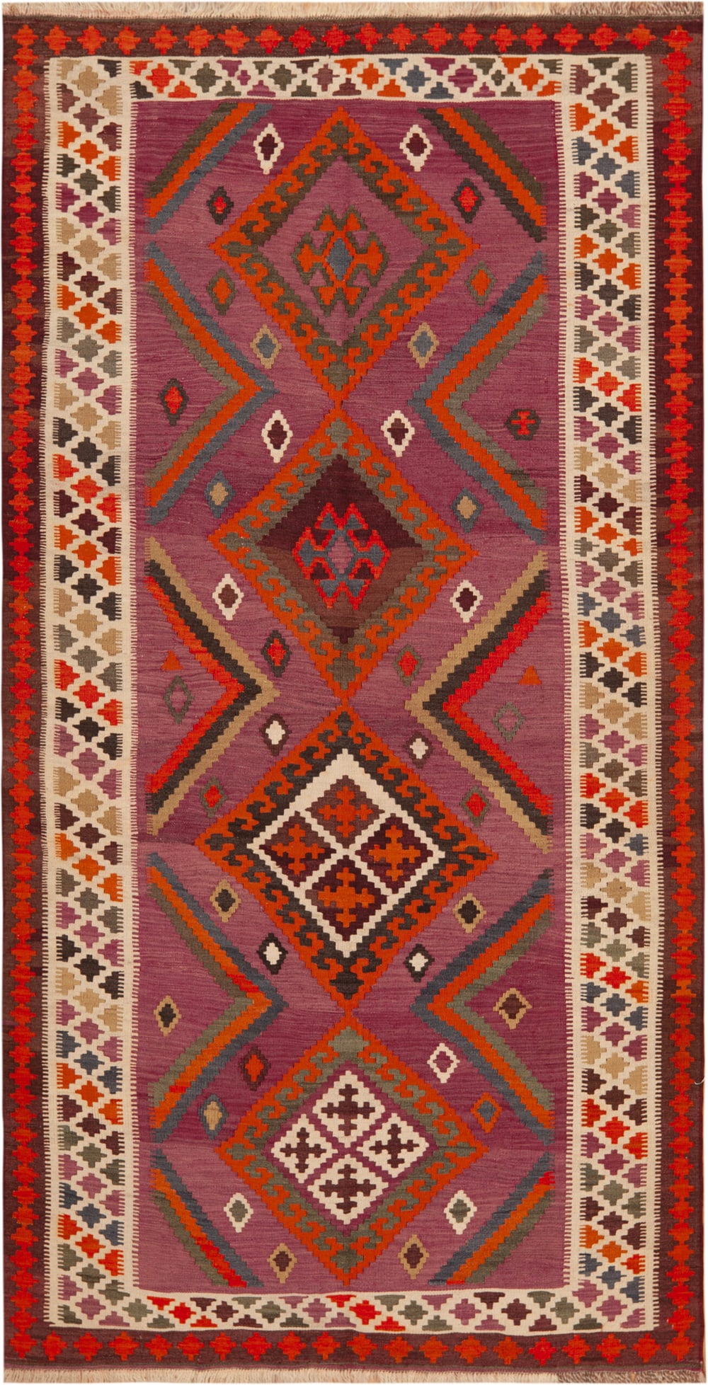 Vintage Persian Qashqai Purple Kilim 9 ft 3 in x 4 ft 9 in (2.82 m x 1.45 m): Curated collection of antique, vintage and modern rugs Vintage Persian Qashqai Kilim Rug Size: 9 ft 3 in x 4 ft 9 in (2.82 m x 1.45 m) A vintage bold geometric Persian Qashqai kilim rug, presenting th
