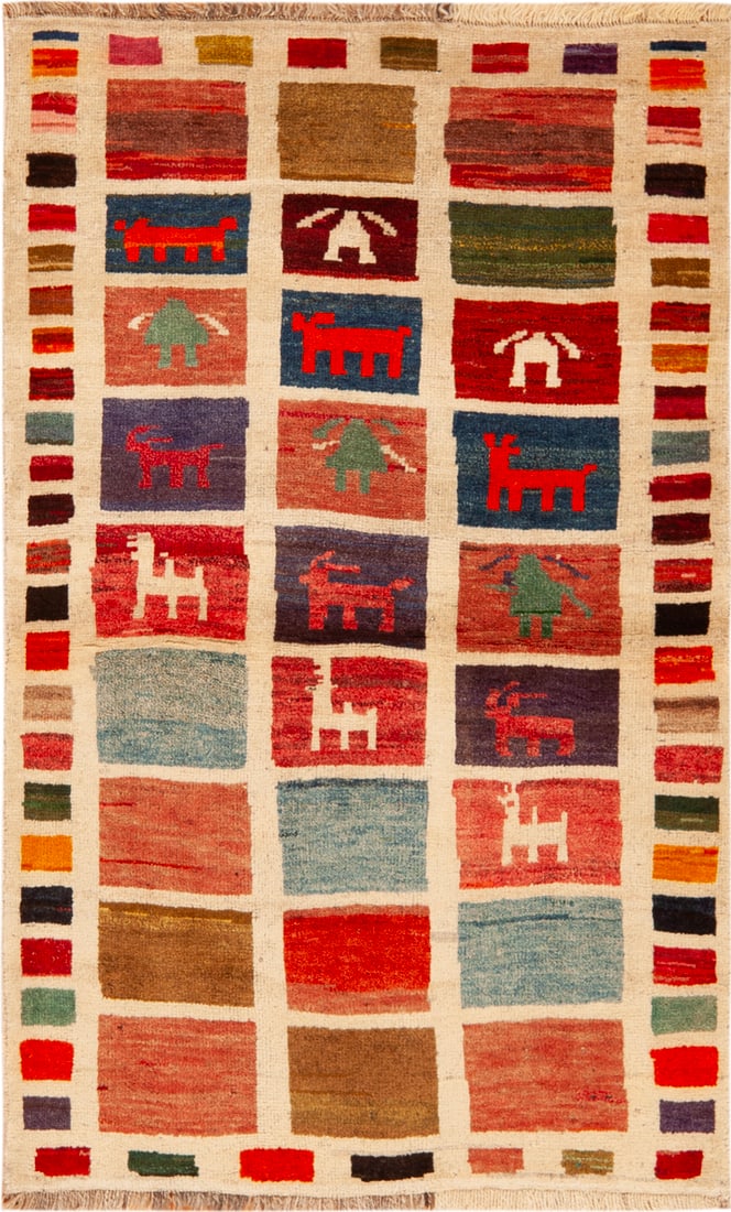 Vintage Persian Gabbeh Rug 4 ft 9 in x 3 ft (1.45 m x 0.91 m): Curated collection of antique, vintage and modern rugs Vintage Persian Gabbeh Rug Size: 4 ft 9 in x 3 ft (1.45 m x 0.91 m) A charming vintage Persian color grid Gabbeh rug, presenting the unpretentiou