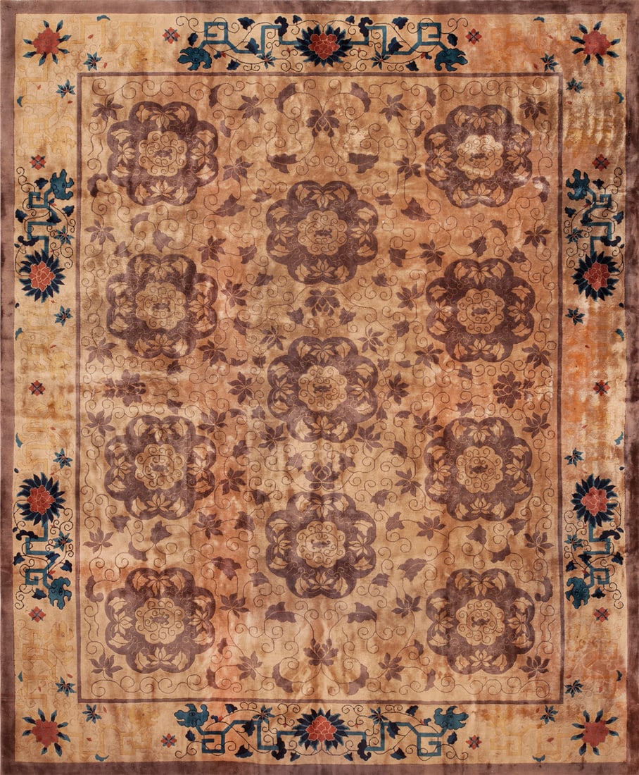 No Reserve - Antique Chinese Art Deco Rug with Imperial Lotuses 14 ft 4 in x 11 ft 10 in (4.37 m x: Curated collection of antique, vintage and modern rugs No Reserve - Antique Chinese Art Deco Rug with Imperial Lotuses Size: 14 ft 4 in x 11 ft 10 in (4.37 m x 3.61 m) Provenance: From the Los Angeles