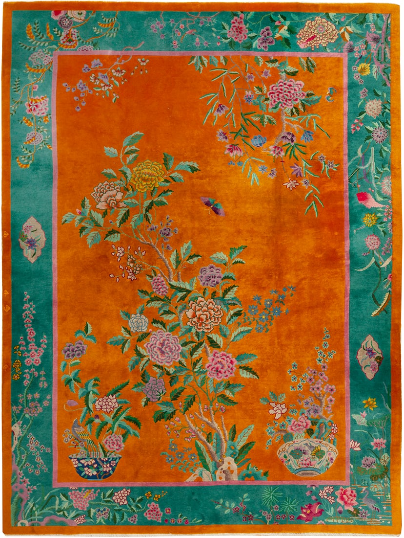 Antique Chinese Art Deco Rug 11 ft 9 in x 8 ft 10 in (3.58 m x 2.69 m): Curated collection of antique, vintage and modern rugs Antique Chinese Art Deco Rug Size: 11 ft 9 in x 8 ft 10 in (3.58 m x 2.69 m) An antique Chinese Art Deco rug distinguished by its bold, saturated