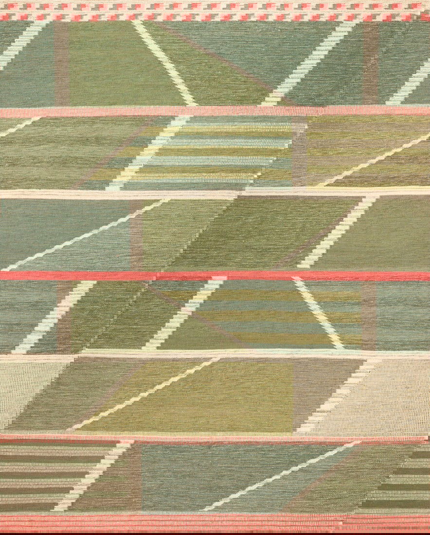 Mid Century Modern Design Rug 11 ft 8 in x 9 ft 5 in (3.56 m x 2.87 m): Curated collection of antique, vintage and modern rugs Swedish Inspired Kilim Spring Geometry Rug Size: 11 ft 8 in x 9 ft 5 in (3.56 m x 2.87 m) A modern Swedish-inspired kilim rug reflecting the beau