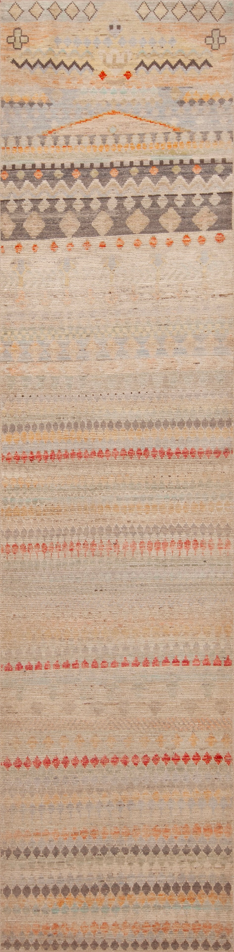 Geometric Design Modern Runner 13 ft x 3 ft 2 in (3.96 m x 0.97 m): Curated collection of antique, vintage and modern rugs Geometric Design Modern Rug Size: 13 ft x 3 ft 2 in (3.96 m x 0.97 m) A modern Central Asian hallway runner rug of nomadic geometric design, this