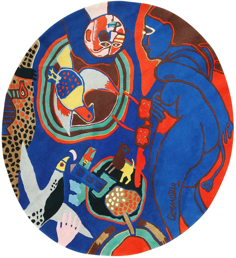 Vintage Scandinavian Corneille Art Rug 7 ft 2 in x 7 ft 2 in (2.18 m x 2.18 m): Curated collection of antique, vintage and modern rugs Vintage Scandinavian Corneille Art Rug Size: 7 ft 2 in x 7 ft 2 in (2.18 m x 2.18 m) This vintage round Scandinavian rug is the work of Corneille