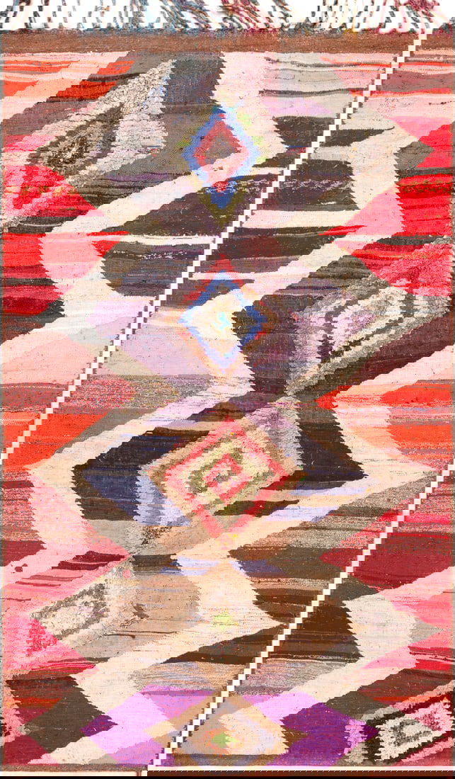 Vintage Moroccan Boucherouite Geometric Rug 8 ft x 5 ft (2.44 m x 1.52 m): Curated collection of antique, vintage and modern rugs Vintage Moroccan Boucherouite Geometric Rug Size: 8 ft x 5 ft (2.44 m x 1.52 m) This vintage Moroccan Boucherouite geometric rug is a vivid cultu