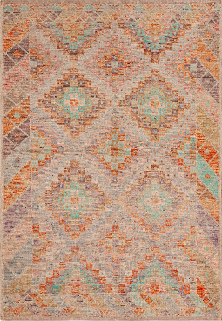 Modern Geometric Rug 6 ft 2 in x 4 ft 3 in (1.88 m x 1.3 m): Curated collection of antique, vintage and modern rugs Modern Geometric Rug Size: 6 ft 2 in x 4 ft 3 in (1.88 m x 1.3 m) This small modern handmade geometric rug from Central Asia offers a harmonious