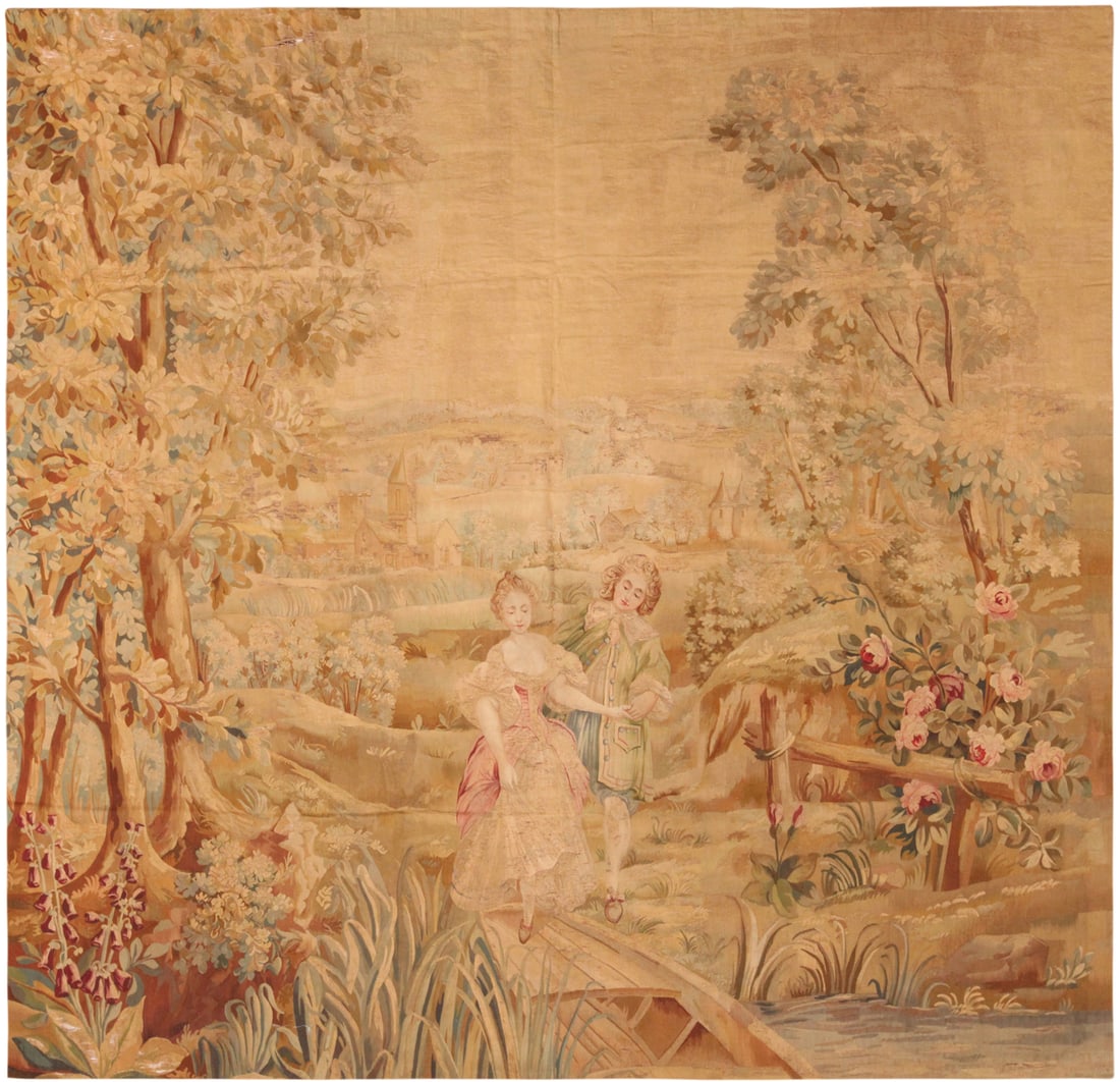 18th Century French Tapestry 8 ft x 7 ft 9 in (2.43 m x 2.36 m): Curated collection of antique, vintage and modern rugs 18th Century French Tapestry Size: 8 ft x 7 ft 9 in (2.43 m x 2.36 m) Provenance: Property of Vermont estate This 18th-century French tapes