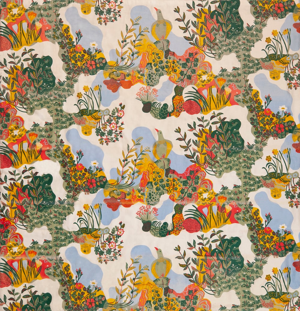 Joseph Frank Vintage Scandinavian Garden Textile 6 ft 3 in x 6 ft 3 in (1.9 m x 1.9 m): Curated collection of antique, vintage and modern rugs Vintage Scandinavian Exotic Birds and Floral Garden Textile Rug Size: 6 ft 3 in x 6 ft 3 in (1.9 m x 1.9 m) This vintage Scandinavian curtain tex