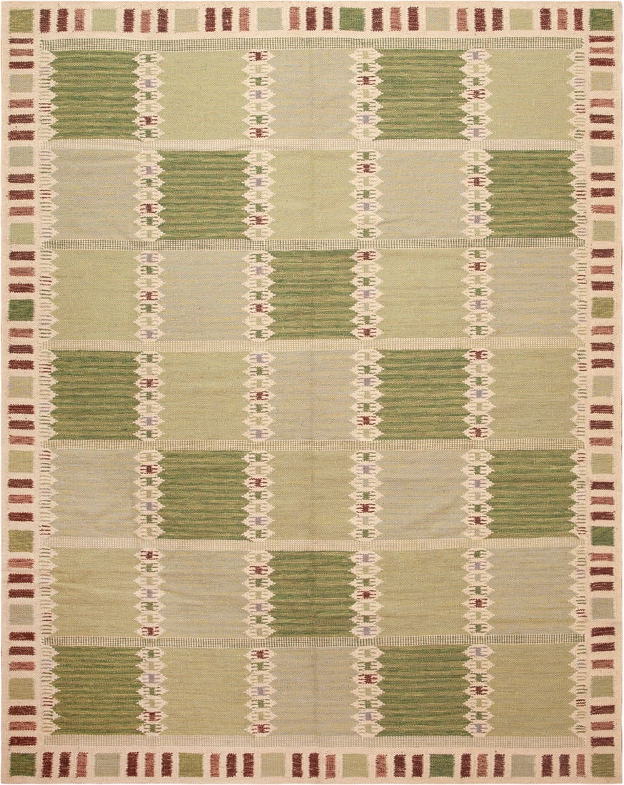 Swedish Inspired Geometric Kilim Rug 10 ft 2 in x 8 ft 1 in (3.1 m x 2.46 m): Curated collection of antique, vintage and modern rugs Swedish Inspired Geometric Kilim Rug Size: 10 ft 2 in x 8 ft 1 in (3.1 m x 2.46 m) This modern Swedish-inspired kilim rug brings Scandinavian des