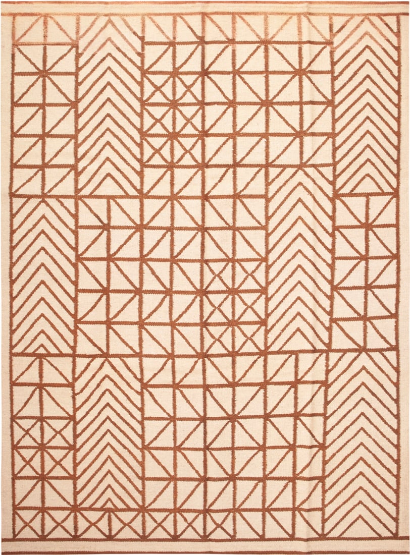 Mid Century Modern Inspired Rug 12 ft 1 in x 9 ft (3.68 m x 2.74 m): Curated collection of antique, vintage and modern rugs Swedish Style Geometric Kilim Rug Size: 12 ft 1 in x 9 ft (3.68 m x 2.74 m) This modern geometric Swedish-style kilim rug from India presents the