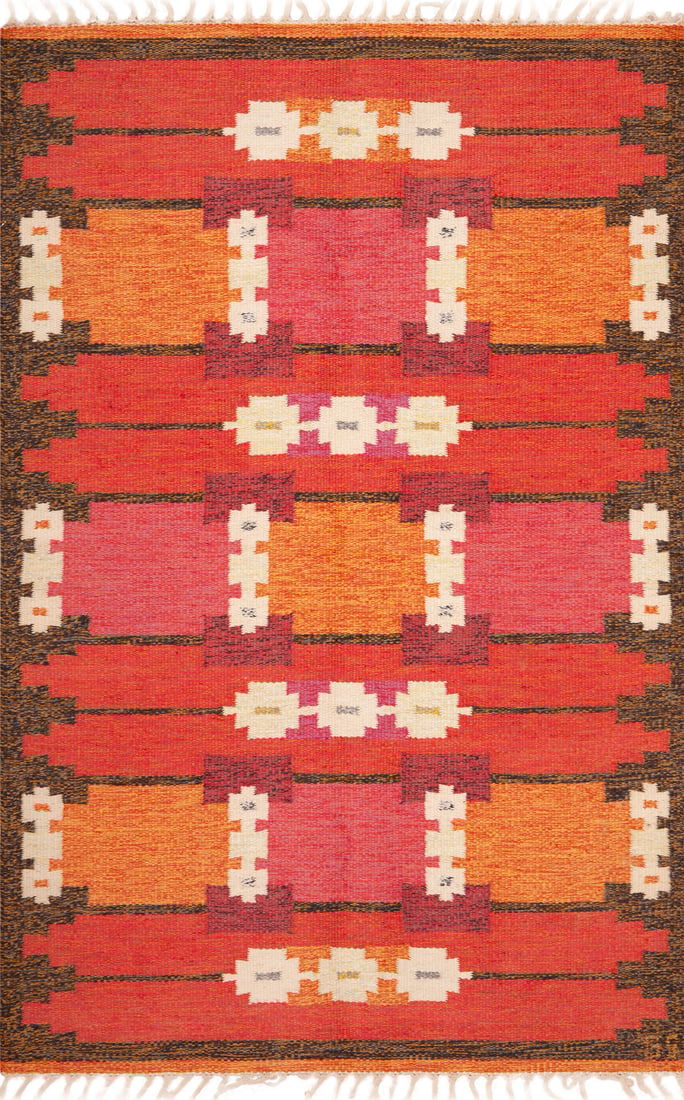 Vintage Swedish Kilim Rug 6 ft 7 in x 4 ft 4 in (2.01 m x 1.32 m): Curated collection of antique, vintage and modern rugs Vintage Swedish Kilim Rug with Geometric Motifs Size: 6 ft 7 in x 4 ft 4 in (2.01 m x 1.32 m) This collectible mid-20th-century Swedish kilim, si