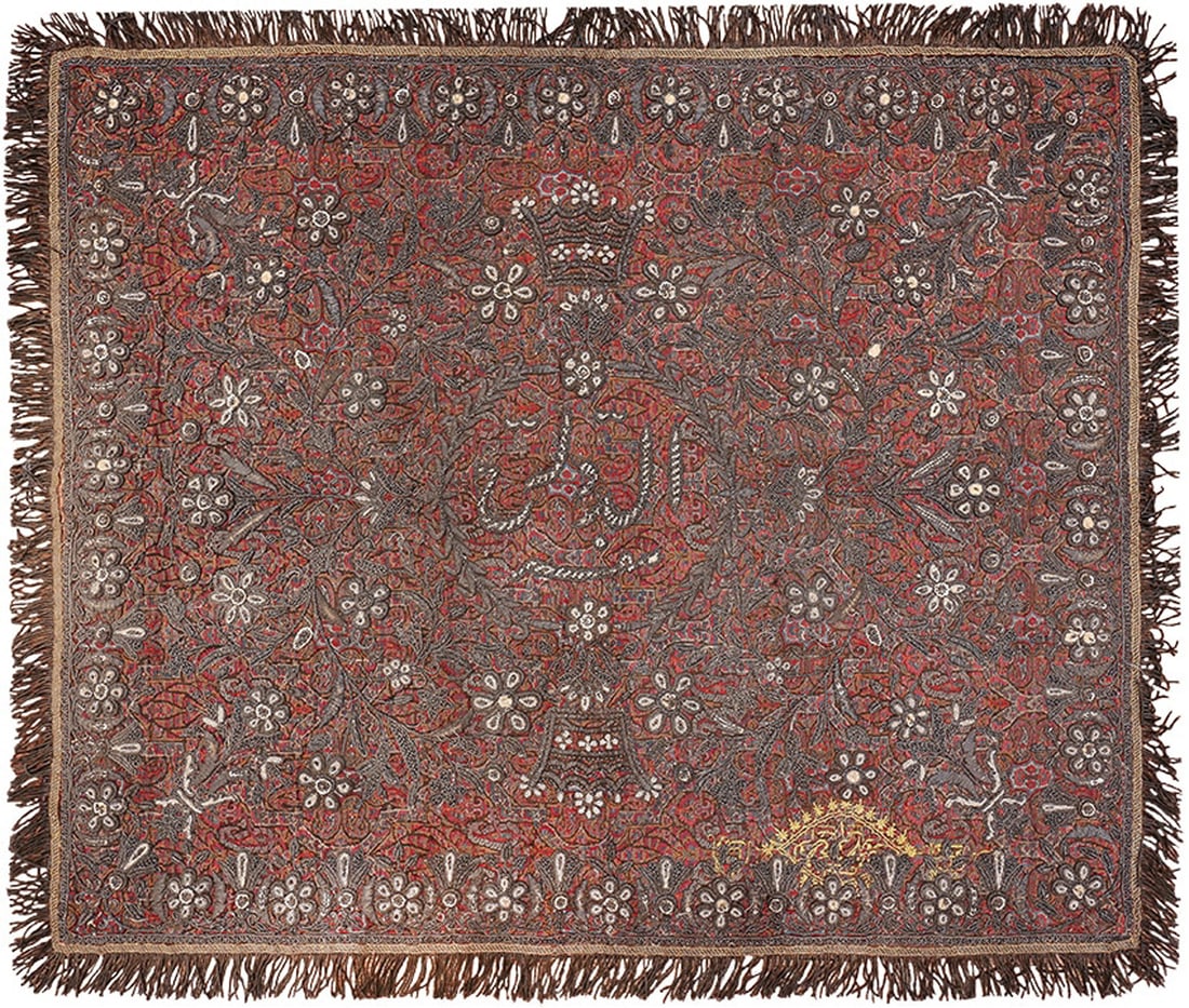 Early Silk & Metallic Silver Threads Syrian Textile 2 ft 9 in x 2 ft 4 in (0.84 m x 0.71 m): Curated collection of antique, vintage and modern rugs Early Silk & Metallic Silver Threads Syrian Textile Size: 2 ft 9 in x 2 ft 4 in (0.84 m x 0.71 m) An early Syrian textile of notable refinement,