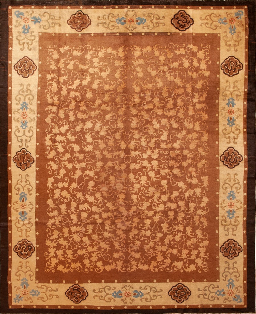 Antique Mongolian Rug 11 ft x 9 ft 1 in (3.35 m x 2.76 m): Curated collection of antique, vintage and modern rugs Antique Mongolian Rug Size: 11 ft x 9 ft 1 in (3.35 m x 2.76 m) Provenance: Property of an Italian collector An antique Mongolian rug, pres