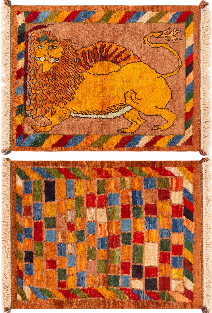 Vintage Double Sided Gabbeh Persian Lion & Sun Rug 6 ft x 4 ft 6 in (1.83 m x 1.37 m): Curated collection of antique, vintage and modern rugs Vintage Double Sided Gabbeh Persian Lion Rug Size: 6 ft x 4 ft 6 in (1.83 m x 1.37 m) This spectacular vintage double-sided Persian Gabbeh rug is