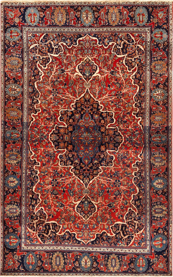 Antique Persian Kashan Mohtashem Rug 6 ft 6 in x 4 ft 1 in (1.98 m x 1.24 m): Curated collection of antique, vintage and modern rugs Size: 6 ft 6 in x 4 ft 1 in (1.98 m x 1.24 m) Provenance: Collection of a late German collector Aghajan Nassimi Refined floral drawing gives this