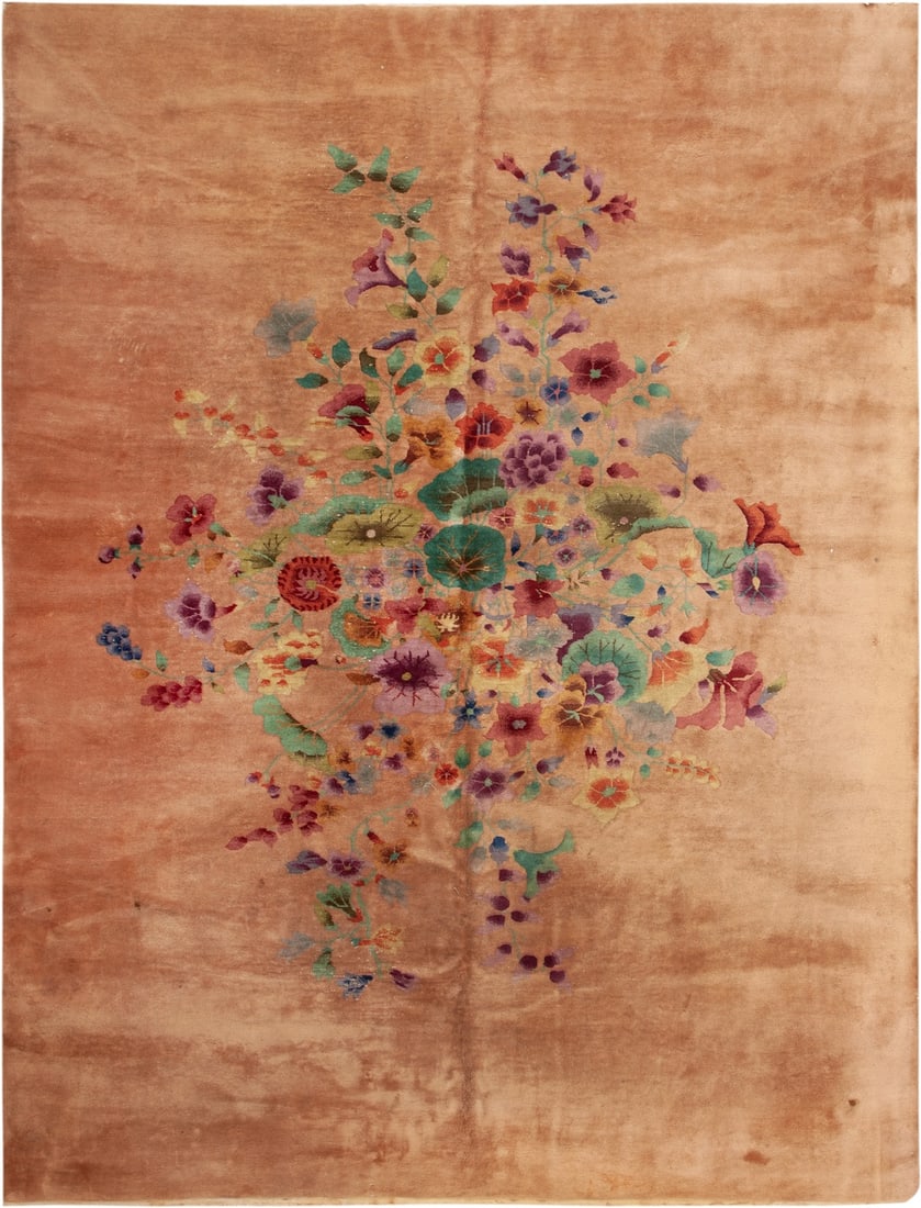 No Reserve - Antique Art Deco Chinese Rug 11 ft 5 in x 8 ft 10 in (3.47 m x 2.69 m): Curated collection of antique, vintage and modern rugs Size: 11 ft 5 in x 8 ft 10 in (3.47 m x 2.69 m) Provenance: Property of New York dealer Warm peach tones and a central floral spray define this n