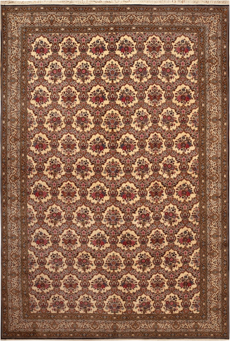 Large Vintage Persian Qum Rug 17 ft x 11 ft 10 in (5.18 m x 3.6 m): Curated collection of antique, vintage and modern rugs Size: 17 ft x 11 ft 10 in (5.18 m x 3.6 m) Provenance: Collection of a late German collector Aghajan Nassimi An elegant allover lattice of floral