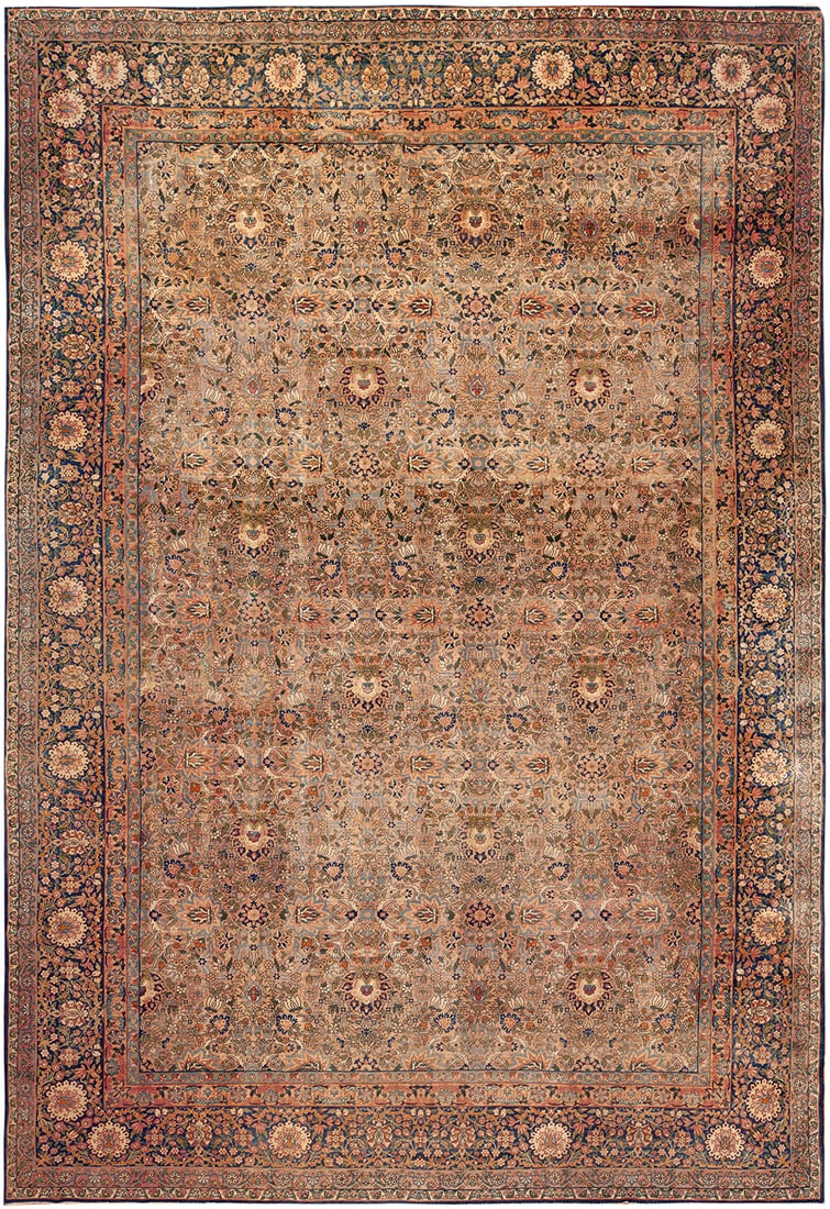 No Reserve - Antique Persian Kerman Rug 13 ft 2 in x 9 ft 10 in (4.01 m x 2.99 m): Curated collection of antique, vintage and modern rugs Size: 13 ft 2 in x 9 ft 10 in (4.01 m x 2.99 m) Provenance: Property of a private estate A red field carries the visual force of this antique Per