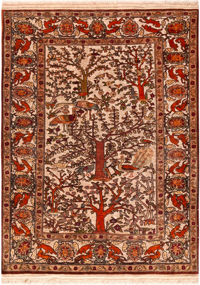 No Reserve - Fine Vintage Hereke Silk and Metallic-Thread Rug, Turkey - 3 ft 7 in x 2 ft 7 in (1.09: Curated collection of antique, vintage and modern rugs No Reserve - Fine Vintage Hereke Silk and Metallic-Thread Rug, Turkey Size: 3 ft 7 in x 2 ft 7 in (1.09 m x 0.78 m) Provenance: Property of New Y