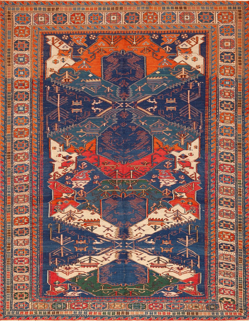 Antique Caucasian Dragon Soumak Carpet, late 19th century - 7 ft 7 in x 6 ft 3 in (2.31 m x 1.9 m): Curated collection of antique, vintage and modern rugs Antique Caucasian Dragon Soumak Carpet, late 19th century Size: 7 ft 7 in x 6 ft 3 in (2.31 m x 1.9 m) Provenance: Property of a Boston collector